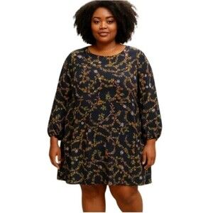 LOFT Dress Flower Garland Black Long Sleeve Knee Length  Size 24